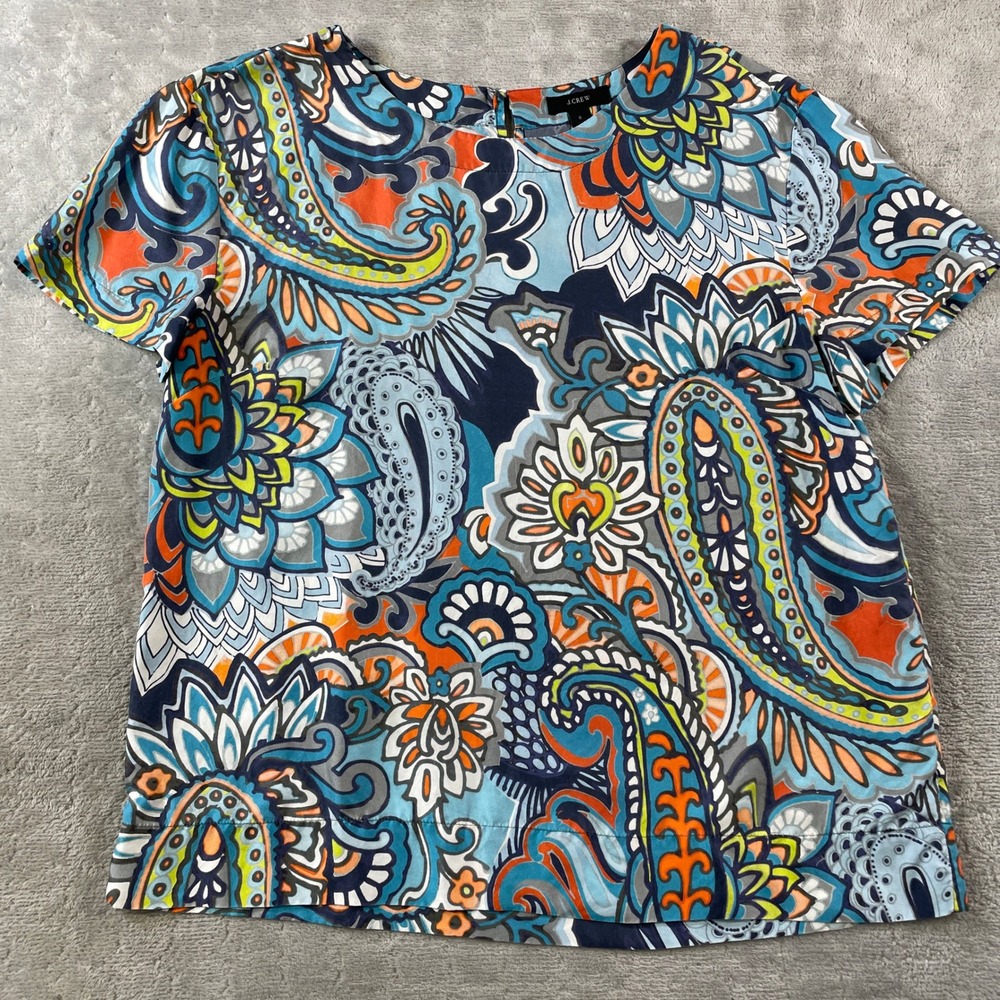 J Crew Top Blouse Silk Womens 6 Colorful Paisley Floral Summer Vacation Beach